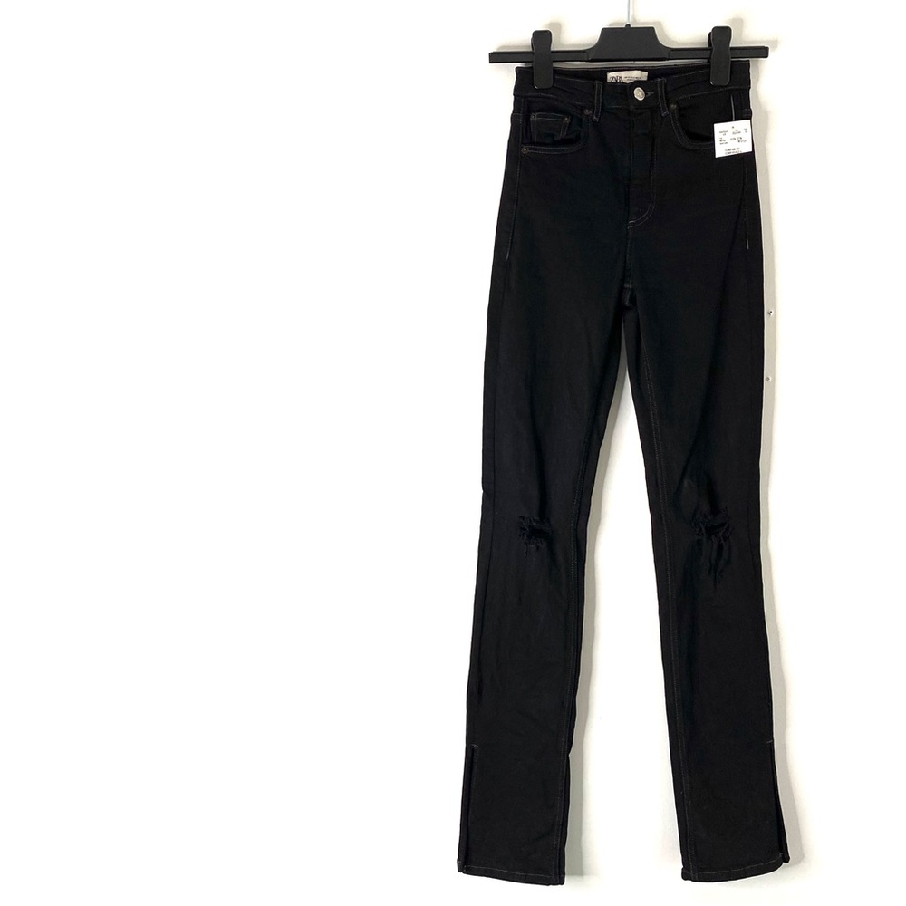 Zara High-Rise Split Hem Ripped Jeans Black NWT